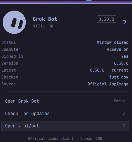Grok Bot on the Omarchy bar