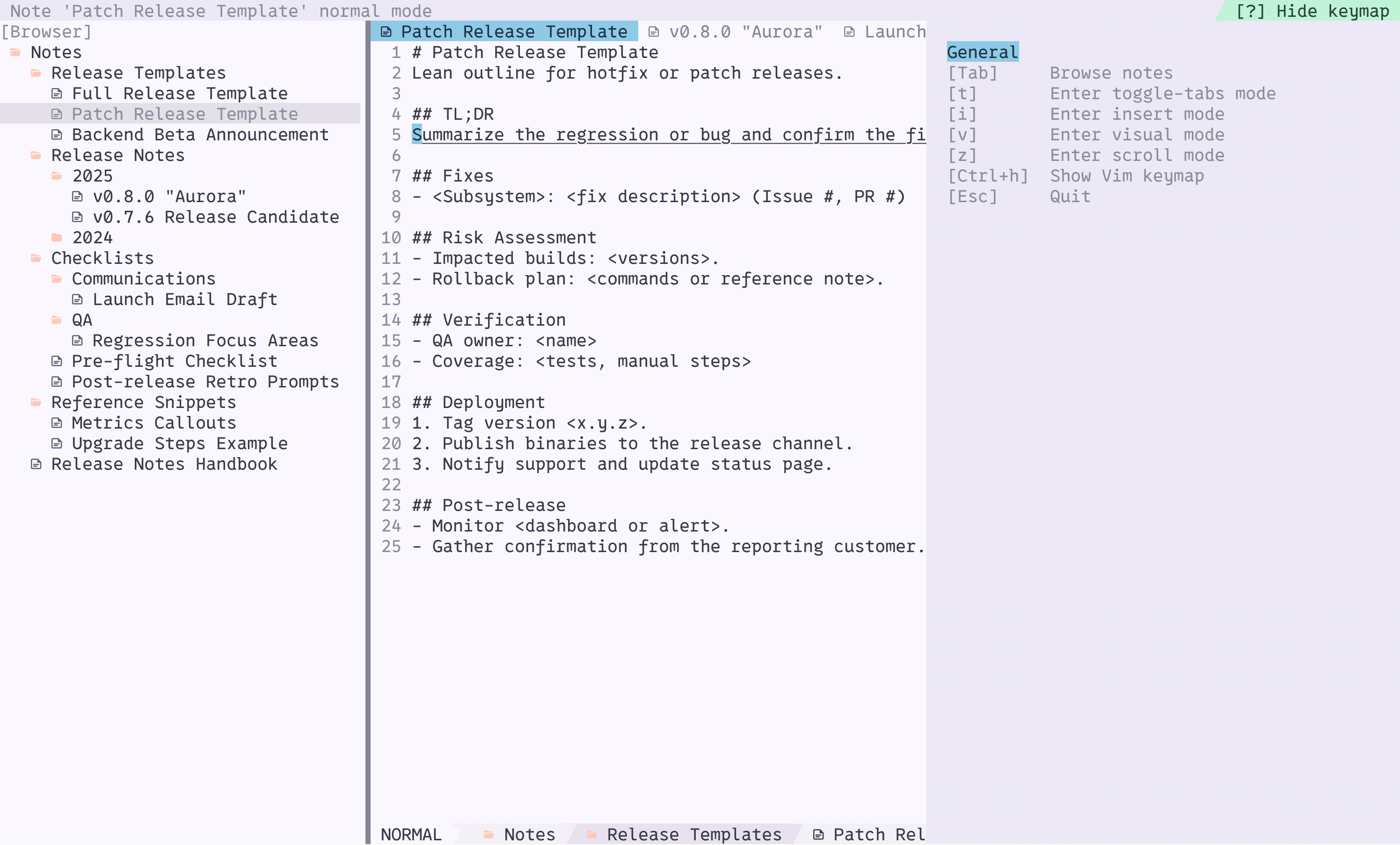 Glues workspace view with theme dialog, keymap overlay, and note tree