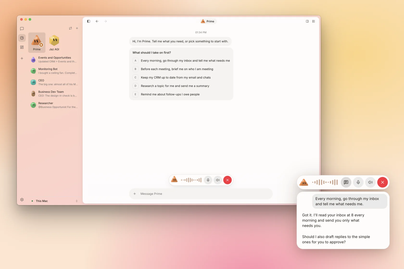 Voice mode in a bot chat and the floating voice pill