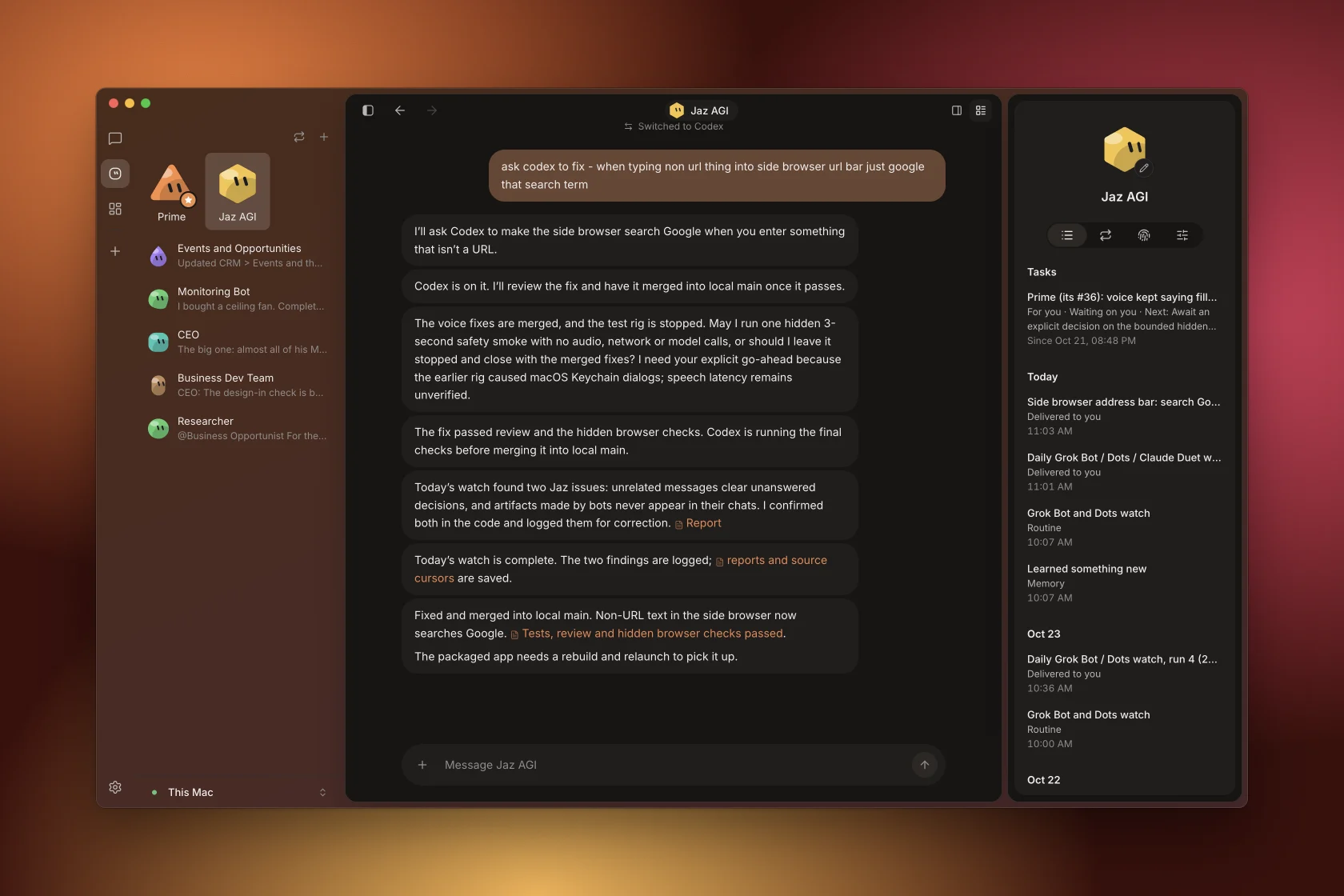 A bot delegating a fix to Codex, with its task panel