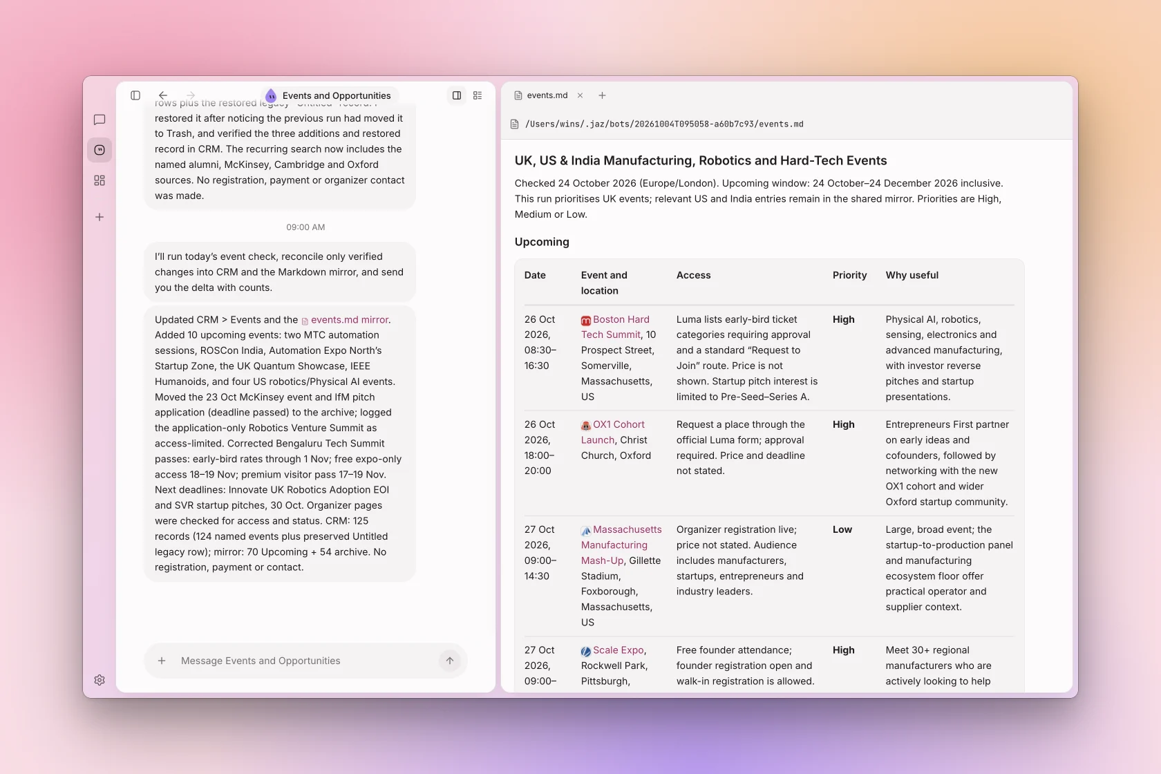 A routine bot and the events document it maintains