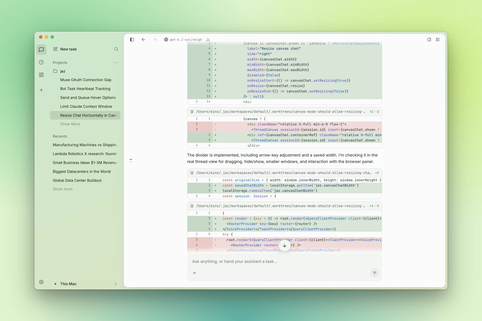 Inline diffs in a coding thread