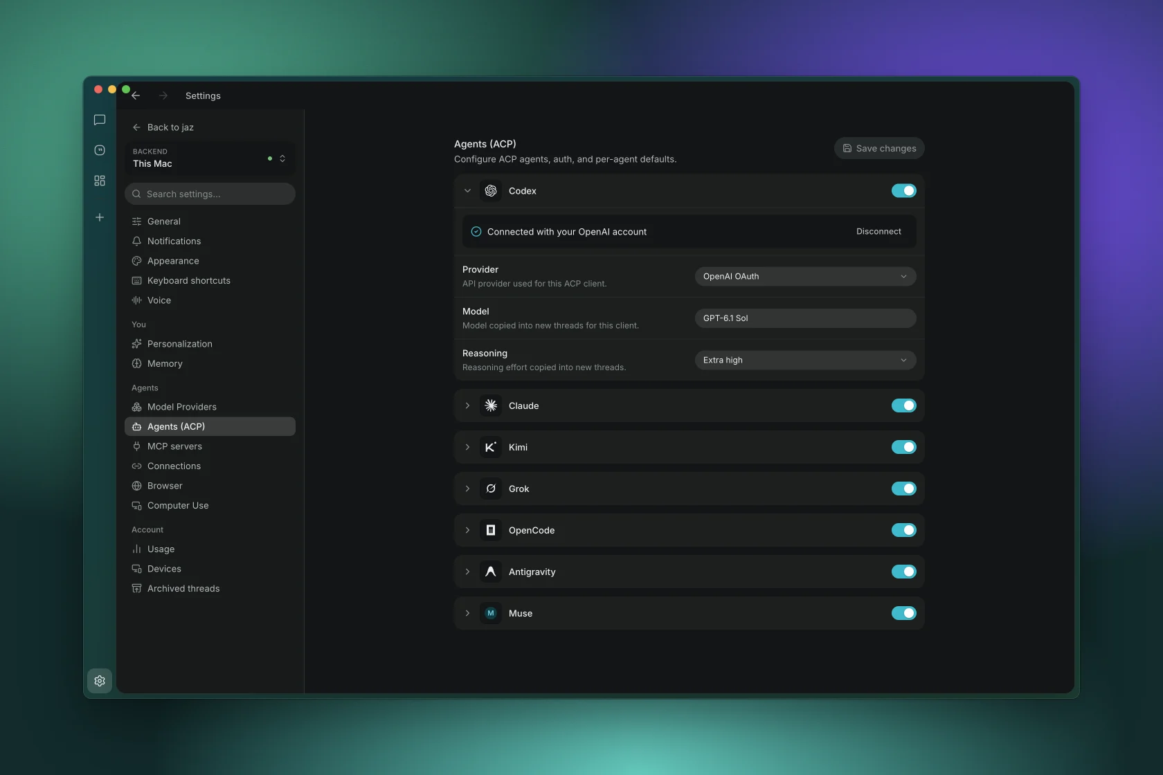 Agents settings with all seven agents connected