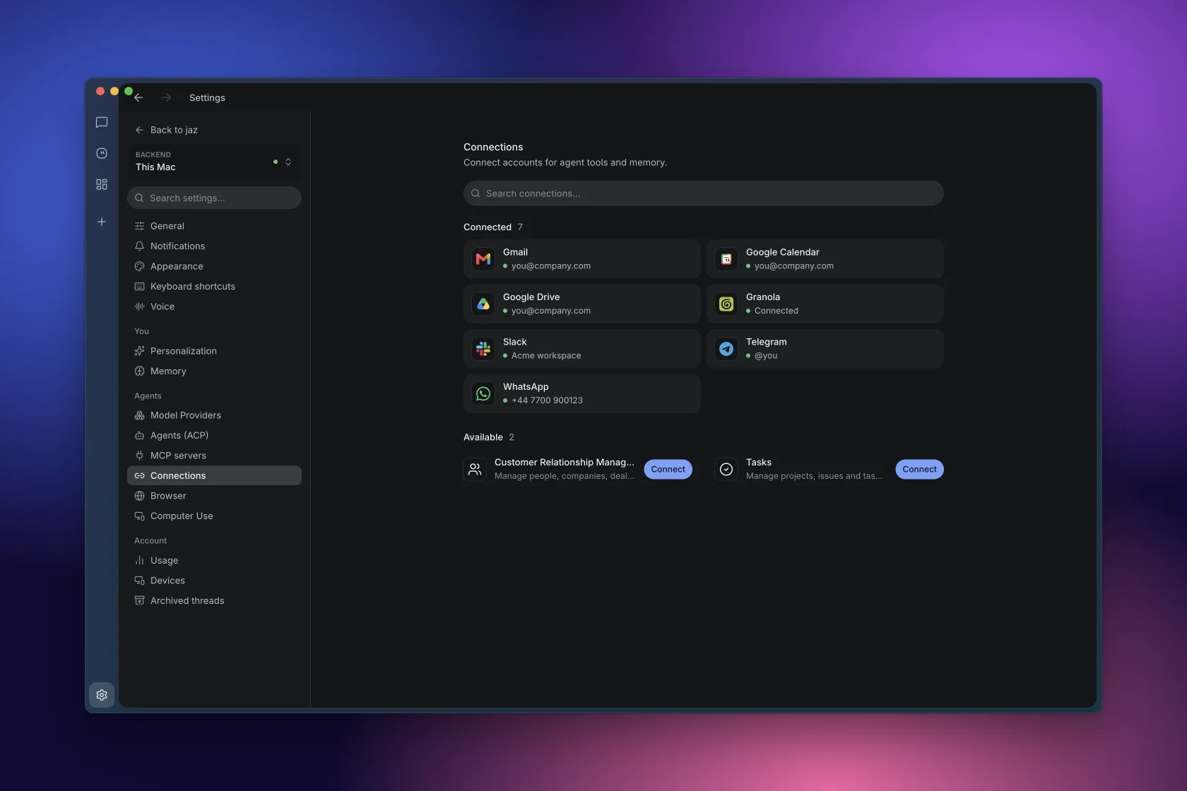 Connections settings