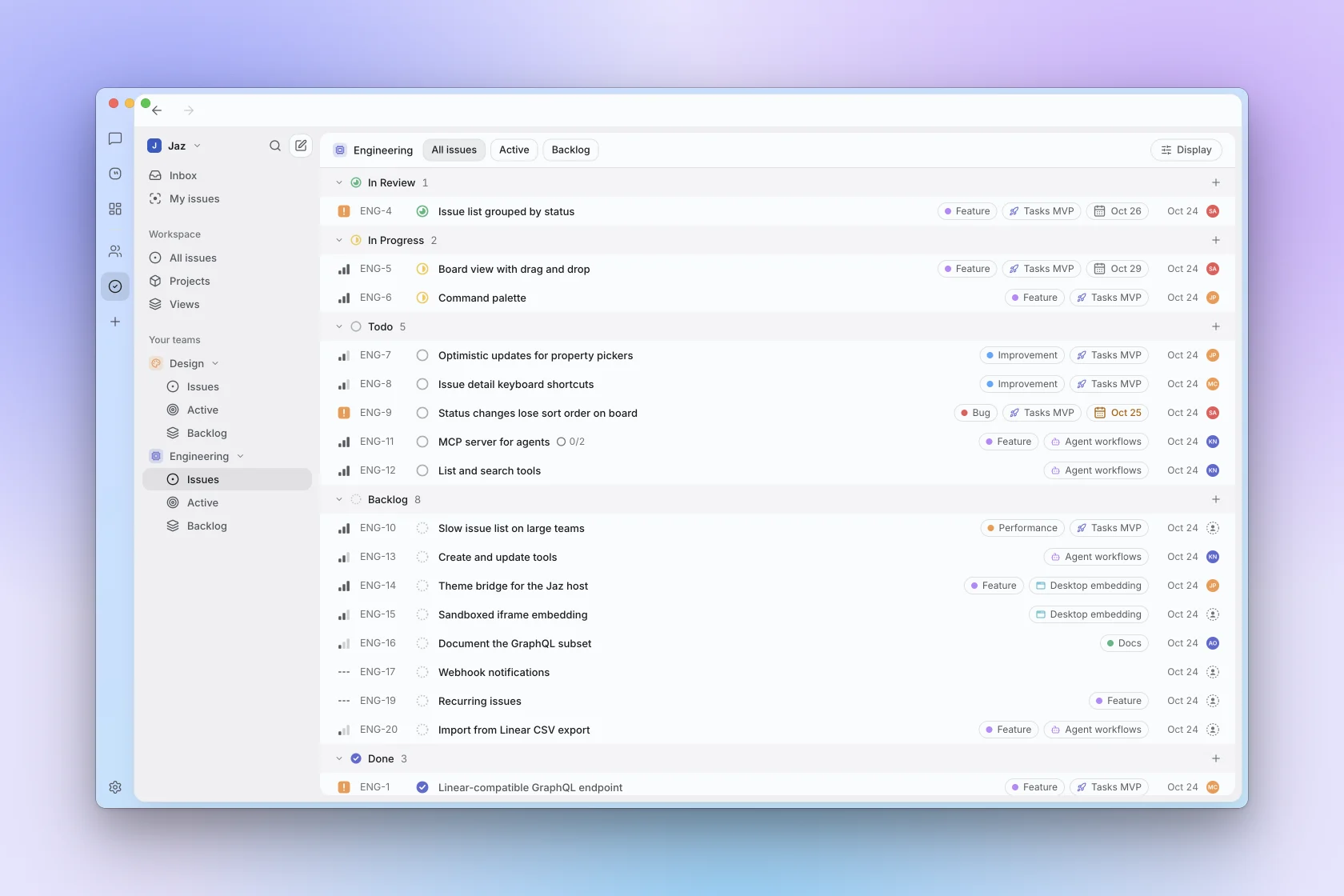 Tasks issue list inside Jaz
