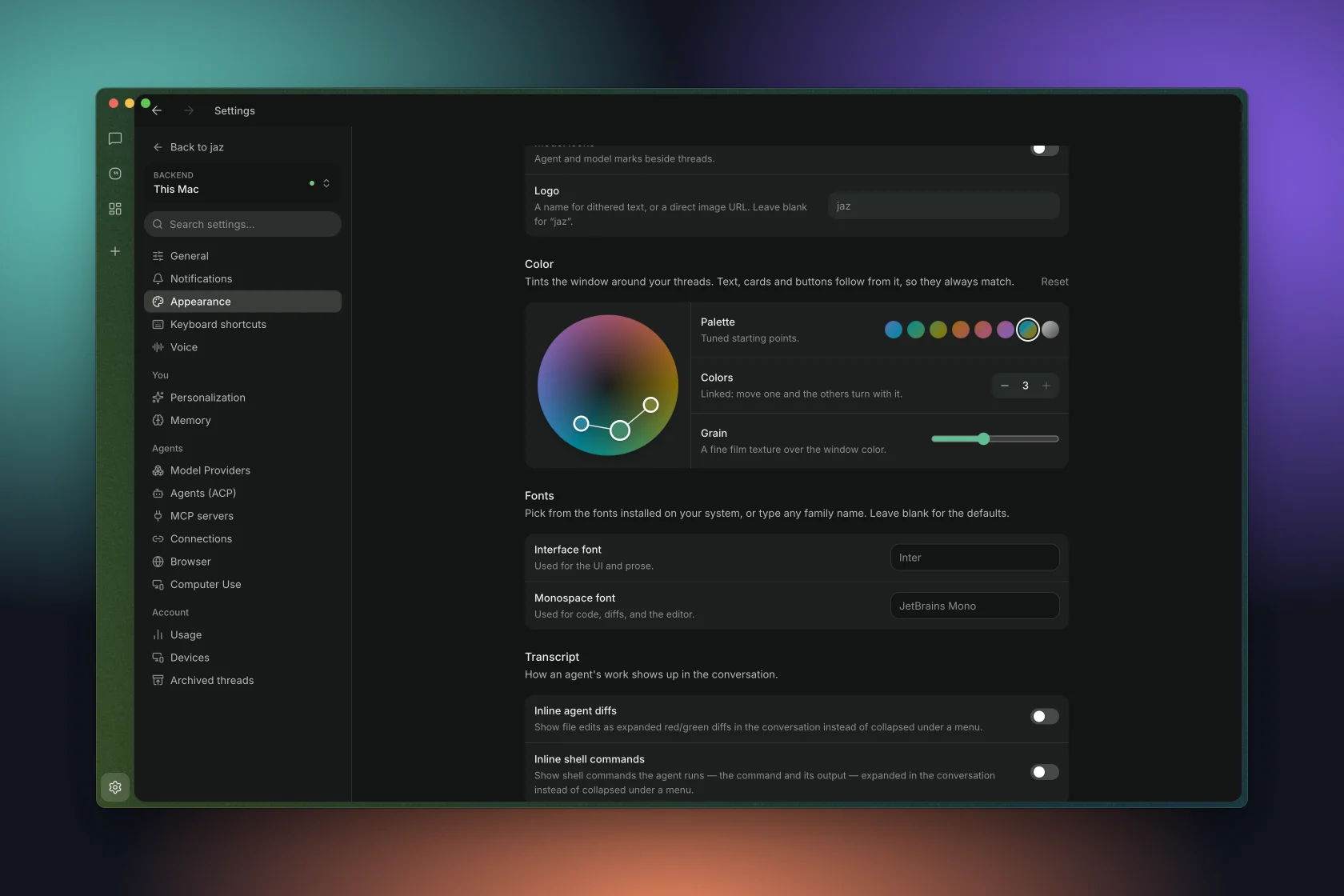 Appearance settings with the colour wheel