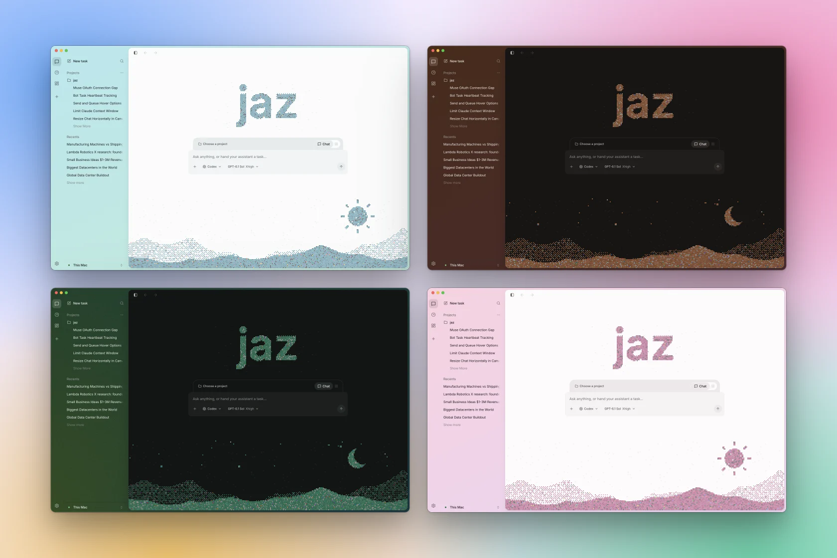 Four colour themes in light and dark