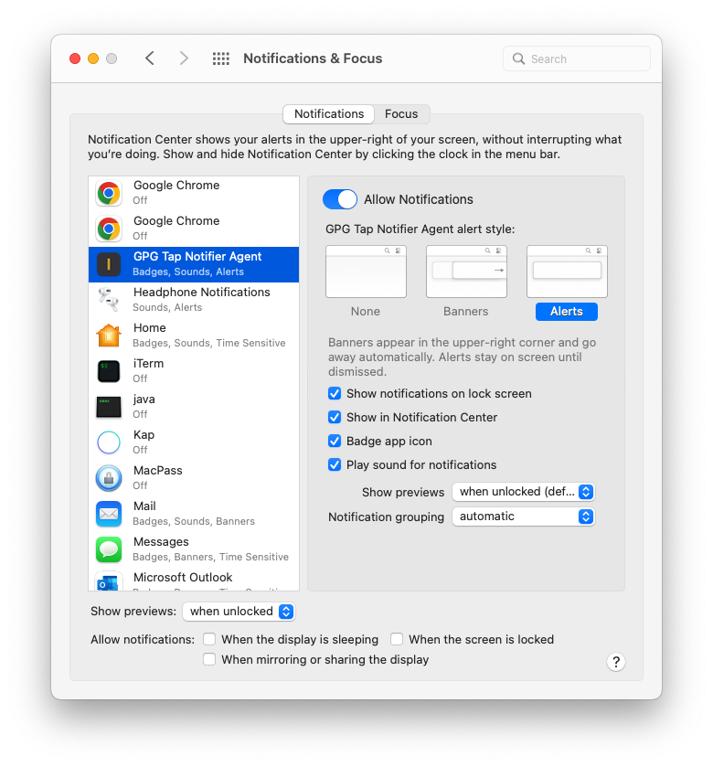 Screenshot of GPG Tap Notifier in Notifications System Preferences