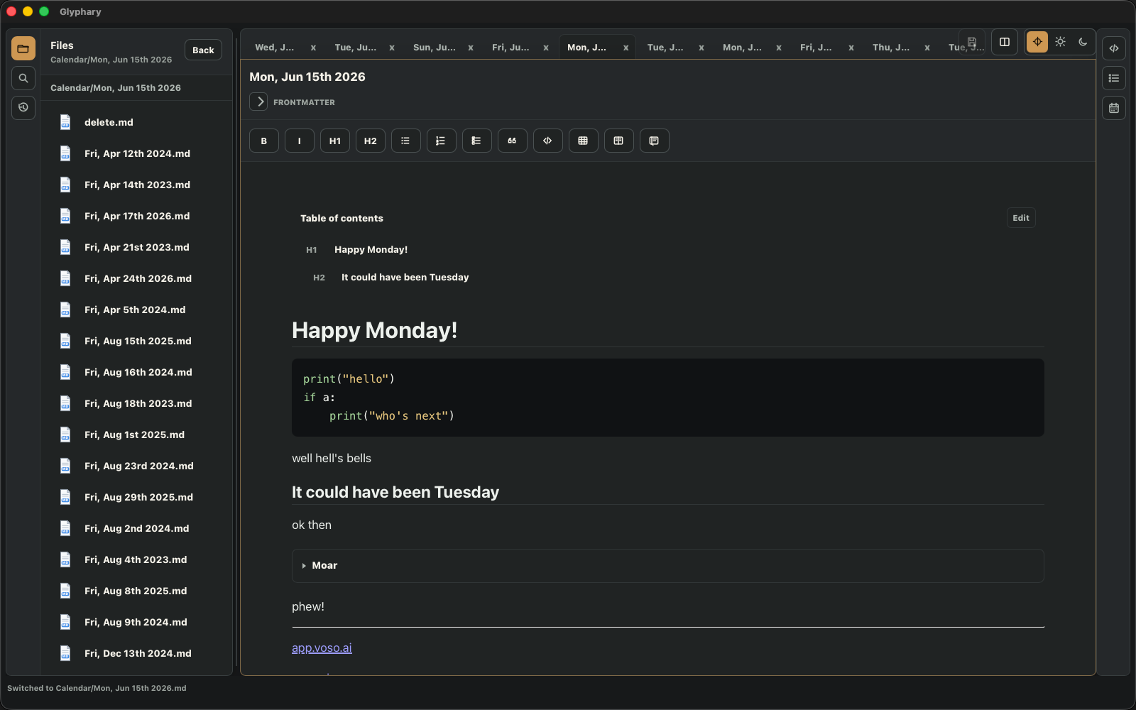 Glyphary workspace showing a local Markdown vault and a visually rendered note
