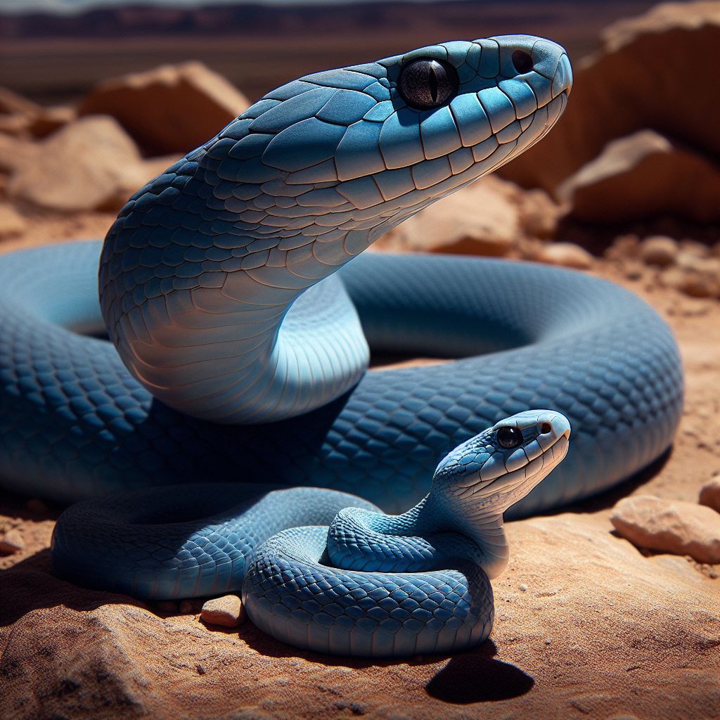 A small blue snake in the shadow of a large blue snake