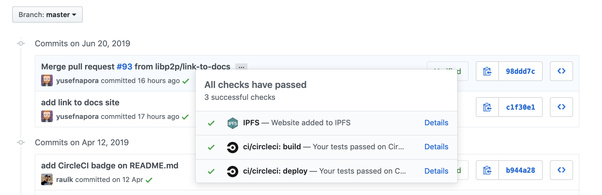 screenshot of an IPFS CID status attached to a commit on github