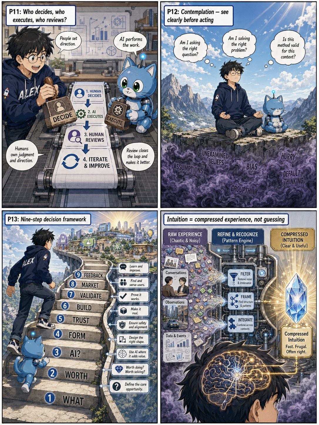 P11 Team + P12 Contemplation + P13 Intuition — Human-AI Collaboration, Decision Correction, Nine-Step Framework