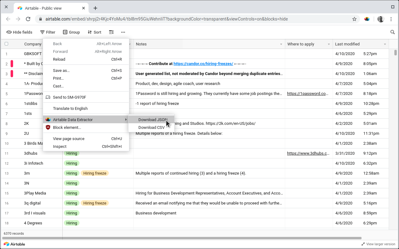 Download JSON/CSV in Airtable shared view context menu