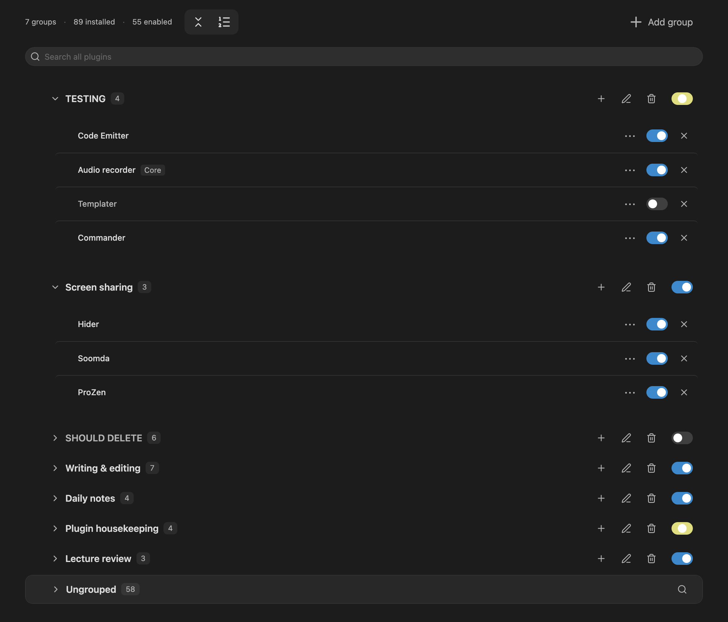 PlugiGroups view showing seven groups, global search, collapse and order controls, and on, middle, and off group switches