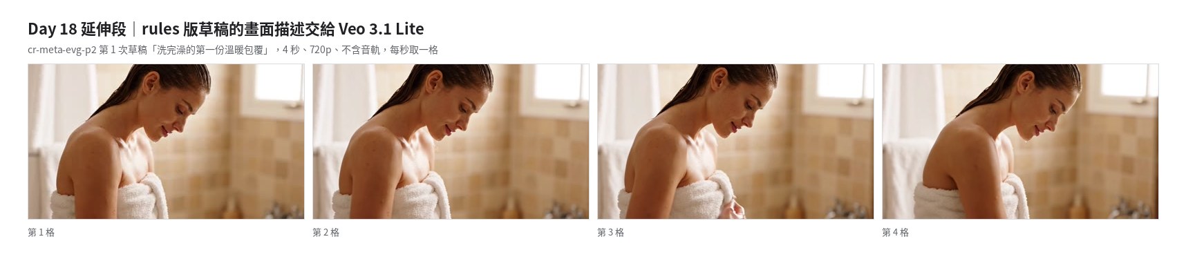 圖三:rules 版大浴巾草稿的畫面描述交給 Veo 3.1 Lite,4 秒、720p、不含音軌,每秒取一格