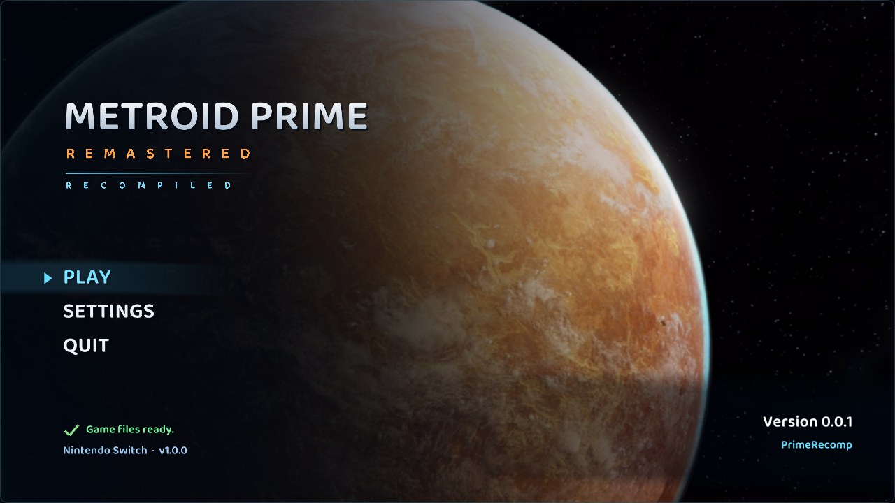 The PrimeRecomp start screen
