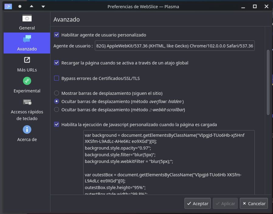 Webslice javascript configuration