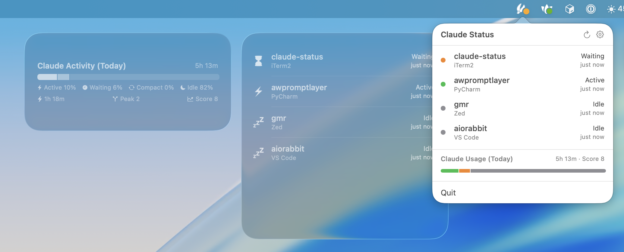 Claude Status screenshot showing the menu bar dropdown and desktop widgets