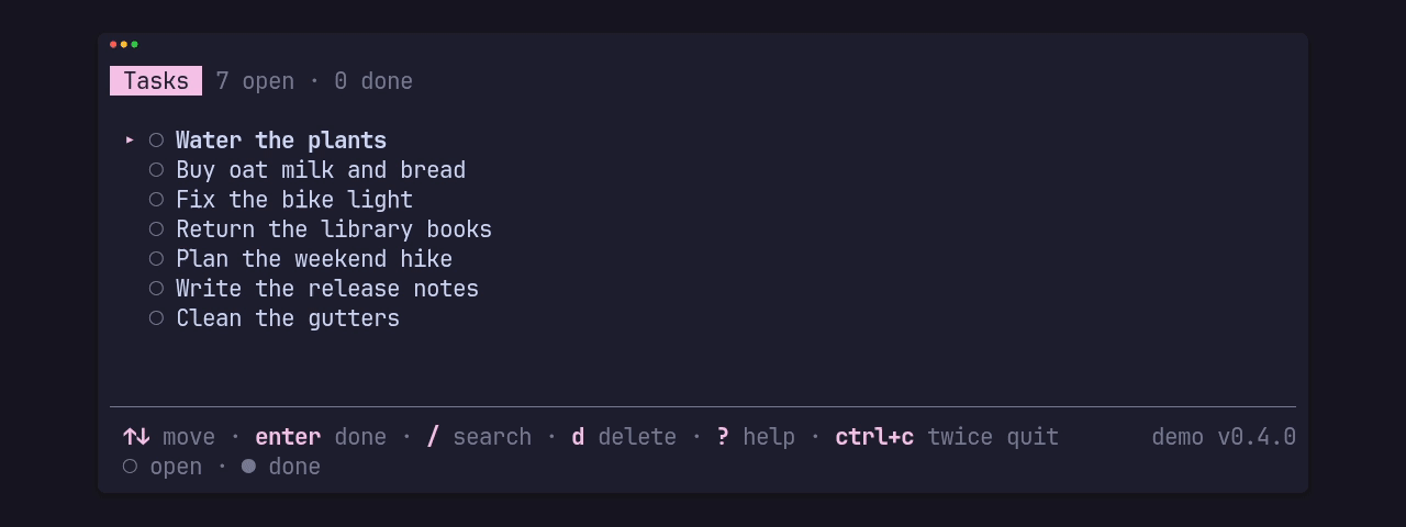 The demo example: a task list whose footer shows its key hints and version, a notice, a search input, a delete confirm, the hints hidden by ? and the ctrl+c guard
