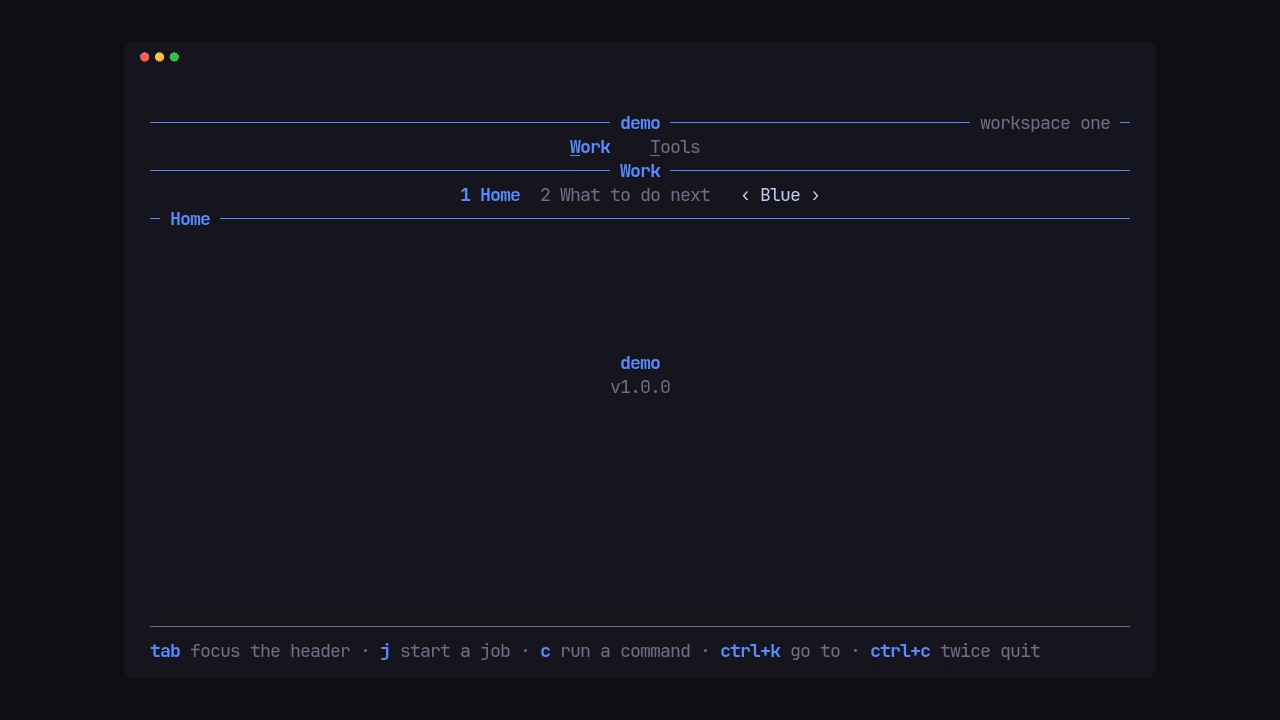 The header as a row stack: groups with an underlined key, a caption, tabs numbered in their group, focus moving through the rows and an after-tabs selector
