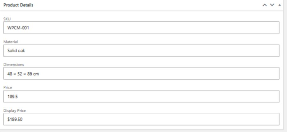 Product Details meta box with all five catalog fields