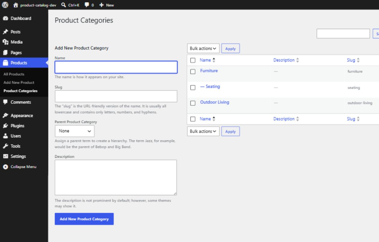 Hierarchical Product Categories management screen
