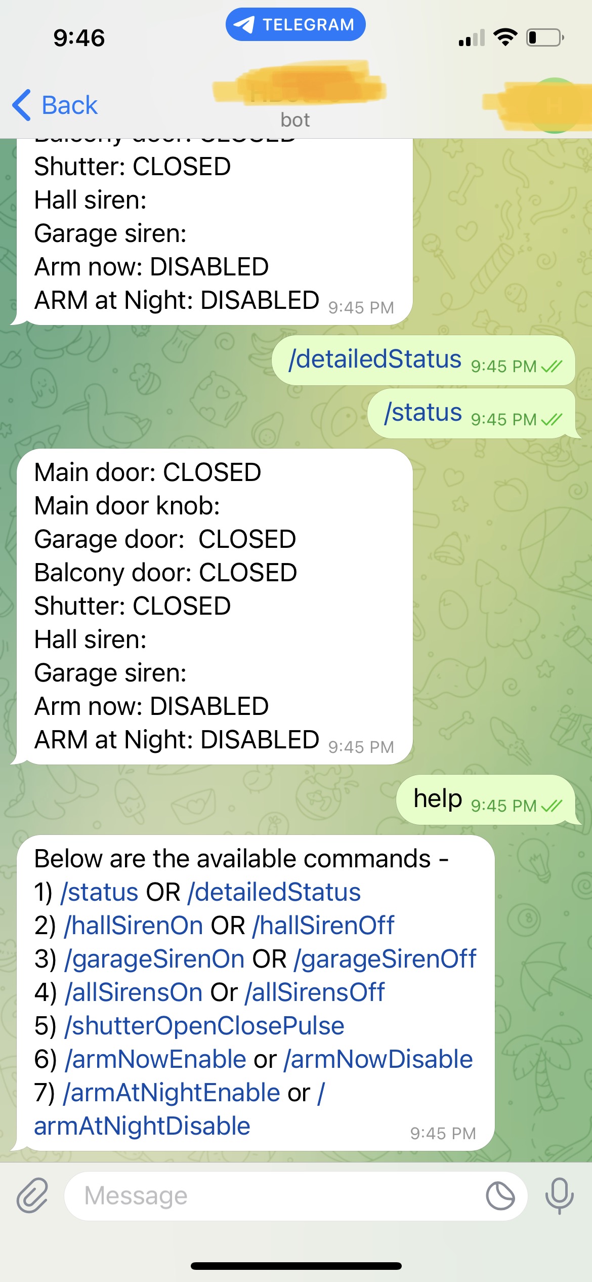 Telegram app status and control