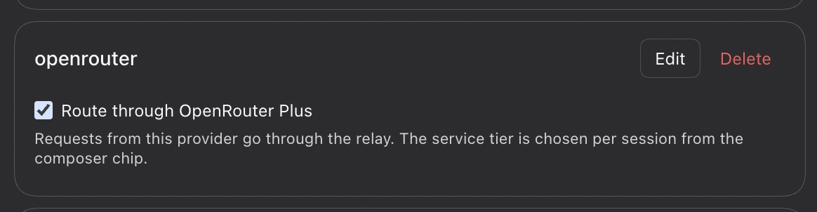 Route through OpenRouter Plus ticked on a provider row