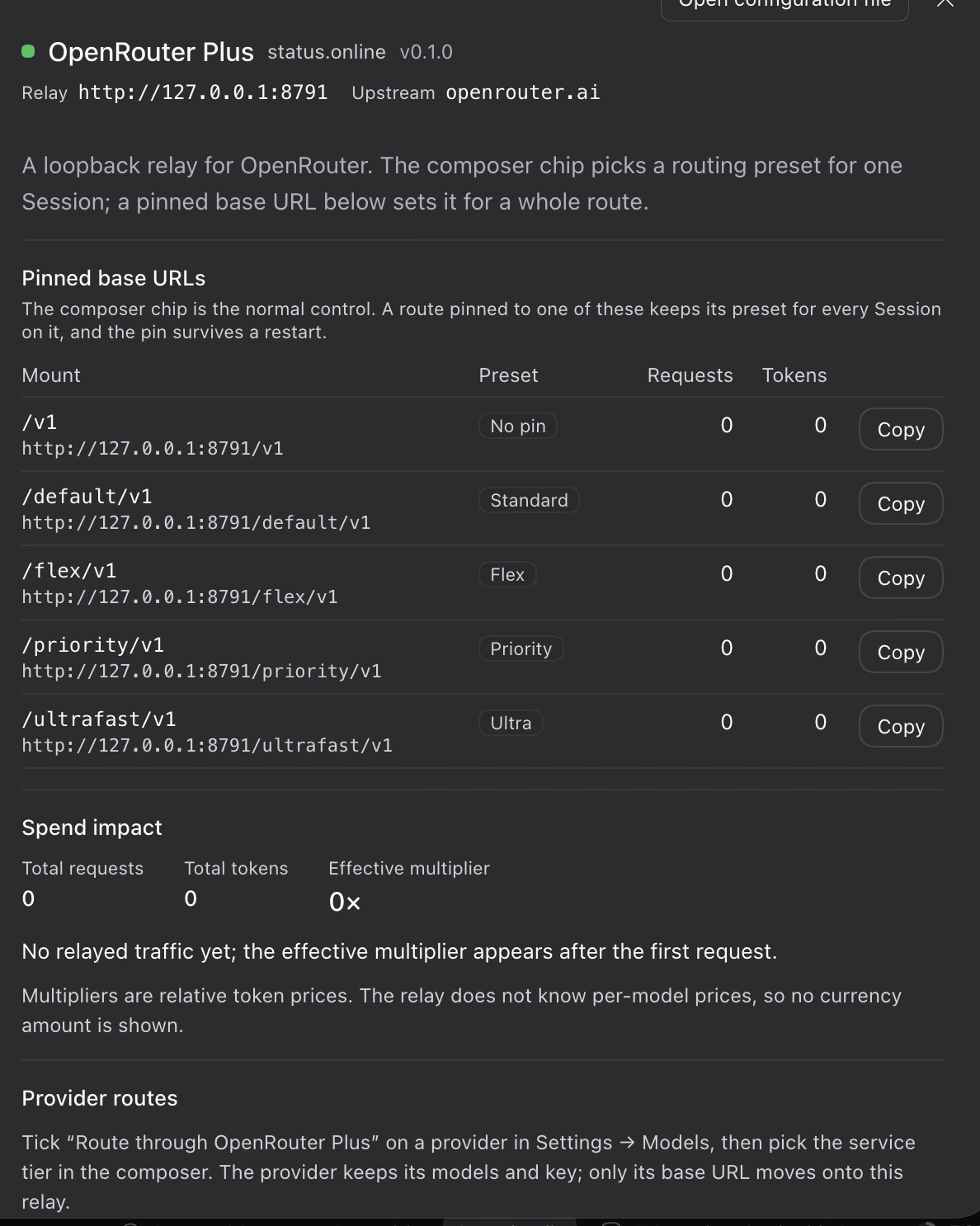 OpenRouter Plus settings: relay state, pinned base URLs, spend impact