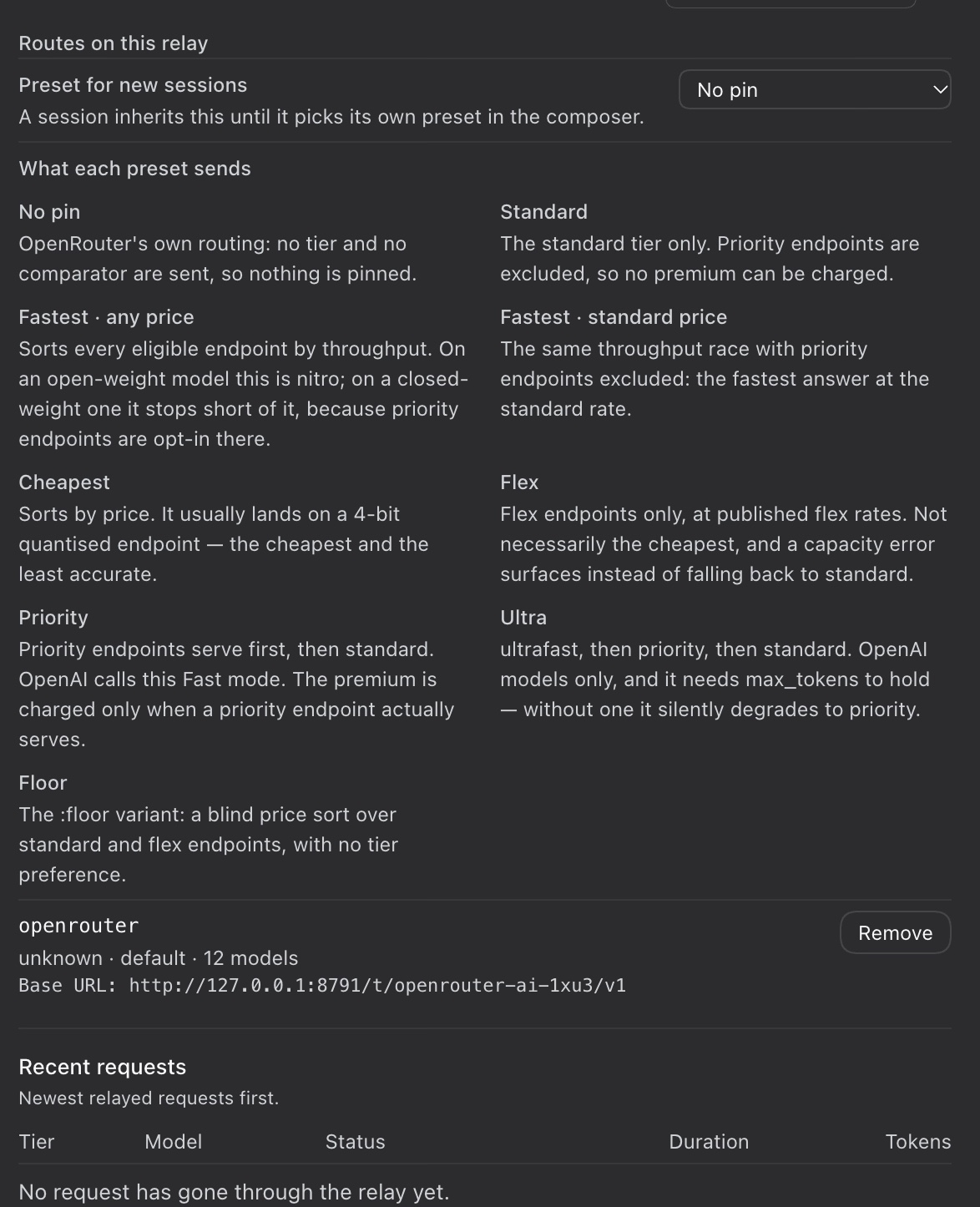 OpenRouter Plus settings: preset catalogue, provider routes, recent requests