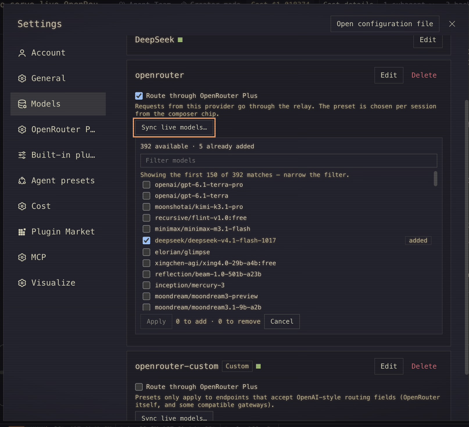 The live model picker on a provider row: a filter box, one checkbox per model, and the add/remove count