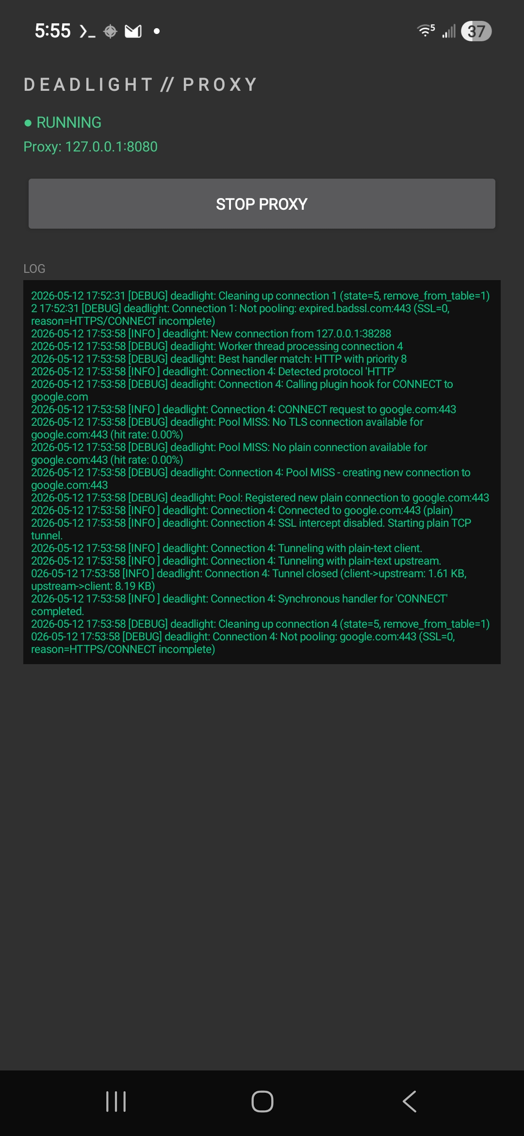 Deadlight Proxy running