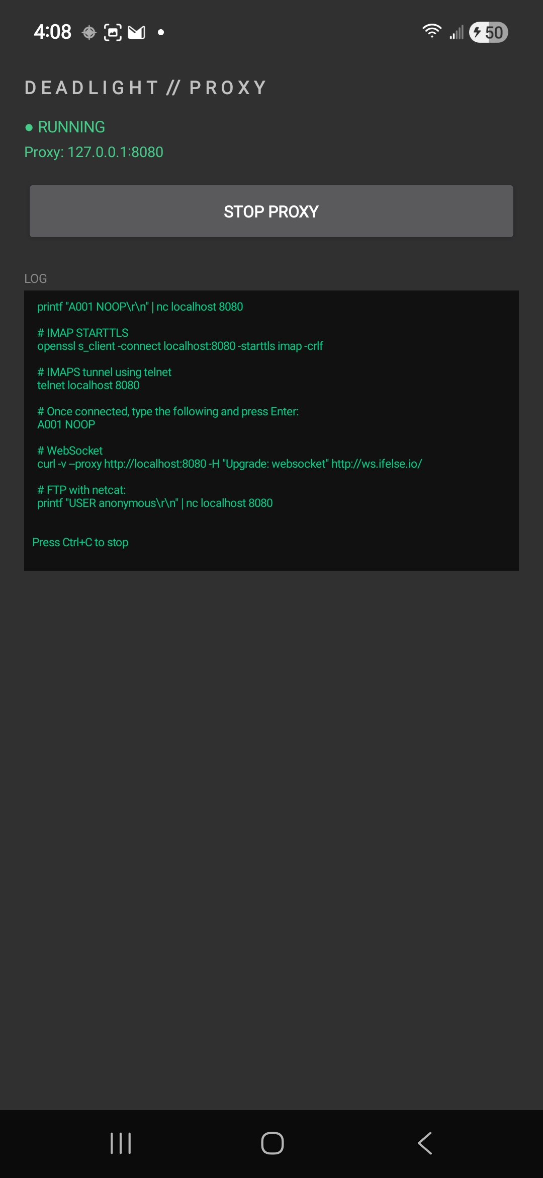 Deadlight Proxy startup screen