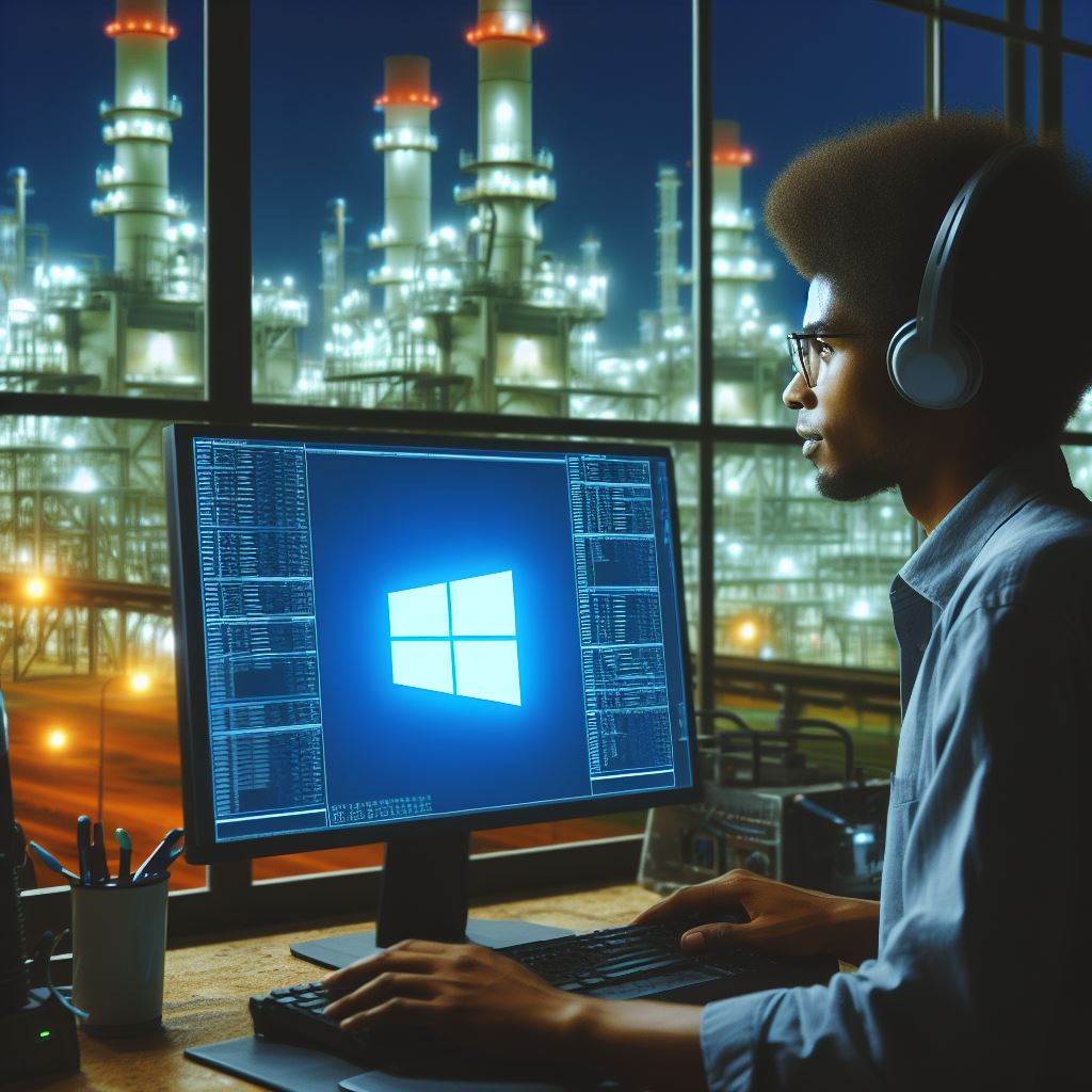 (Cover Image) A man programming against a power plant facility, the screen that the man is watching shows the Windows logo