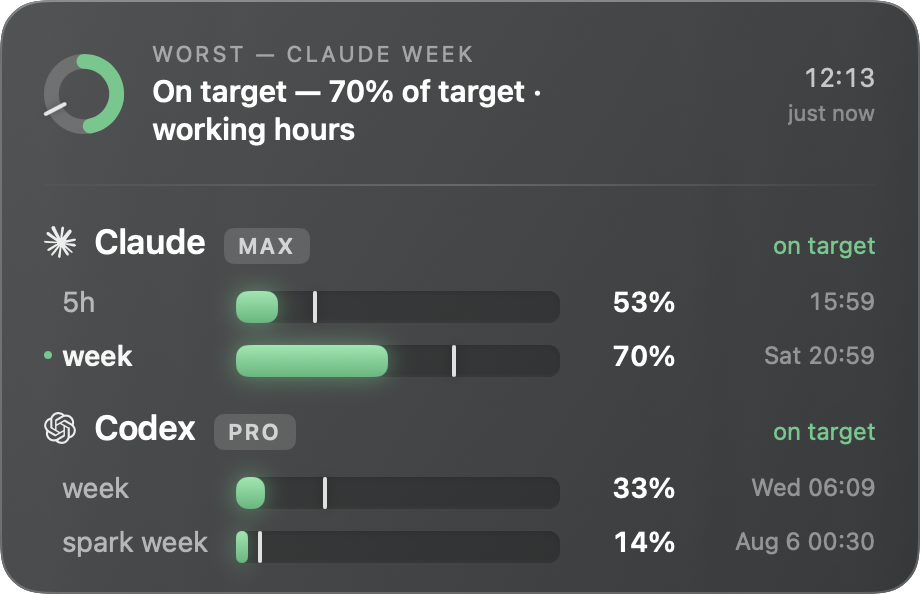 The desktop card: a ring for the worst window beside the summary line, then a block for Claude and one for Codex.
