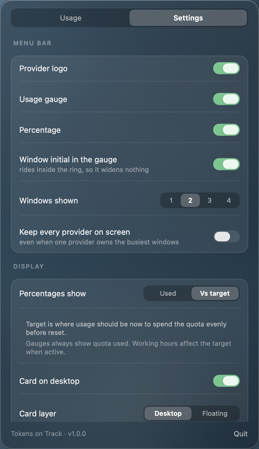 The Settings tab, showing the Menu bar and Display groups.