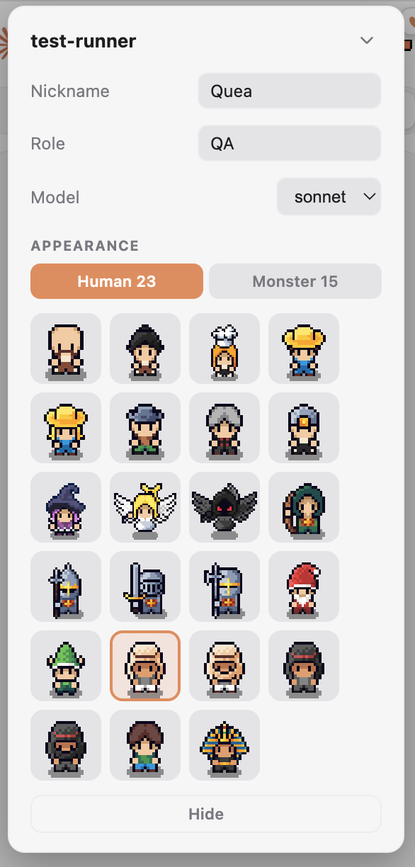 Per-agent settings with a nickname, role, model dropdown and the human character picker