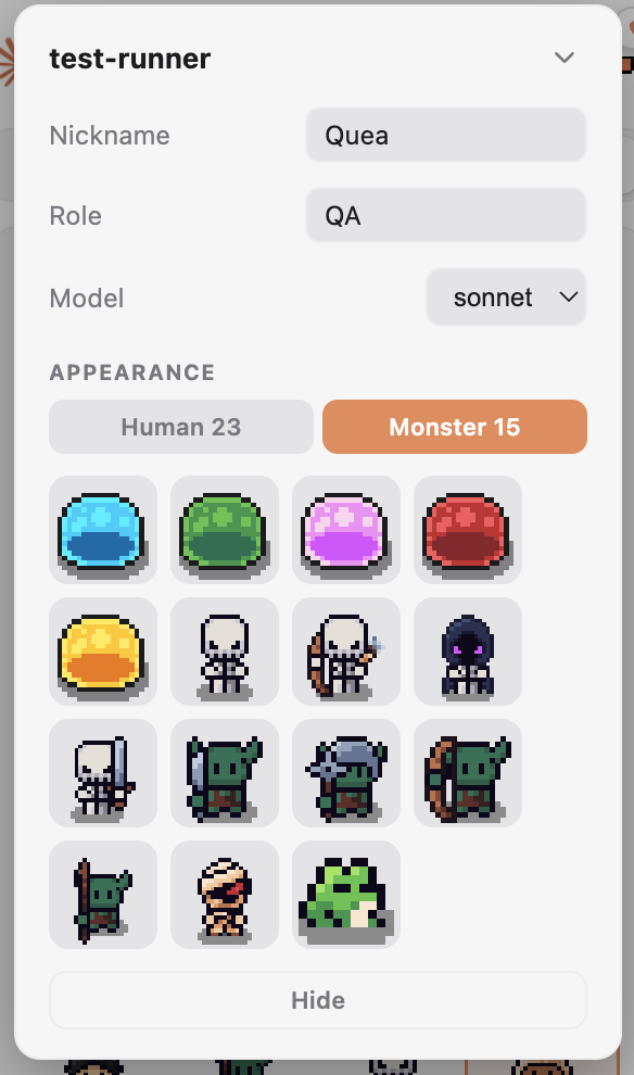 The same settings sheet showing the monster character picker