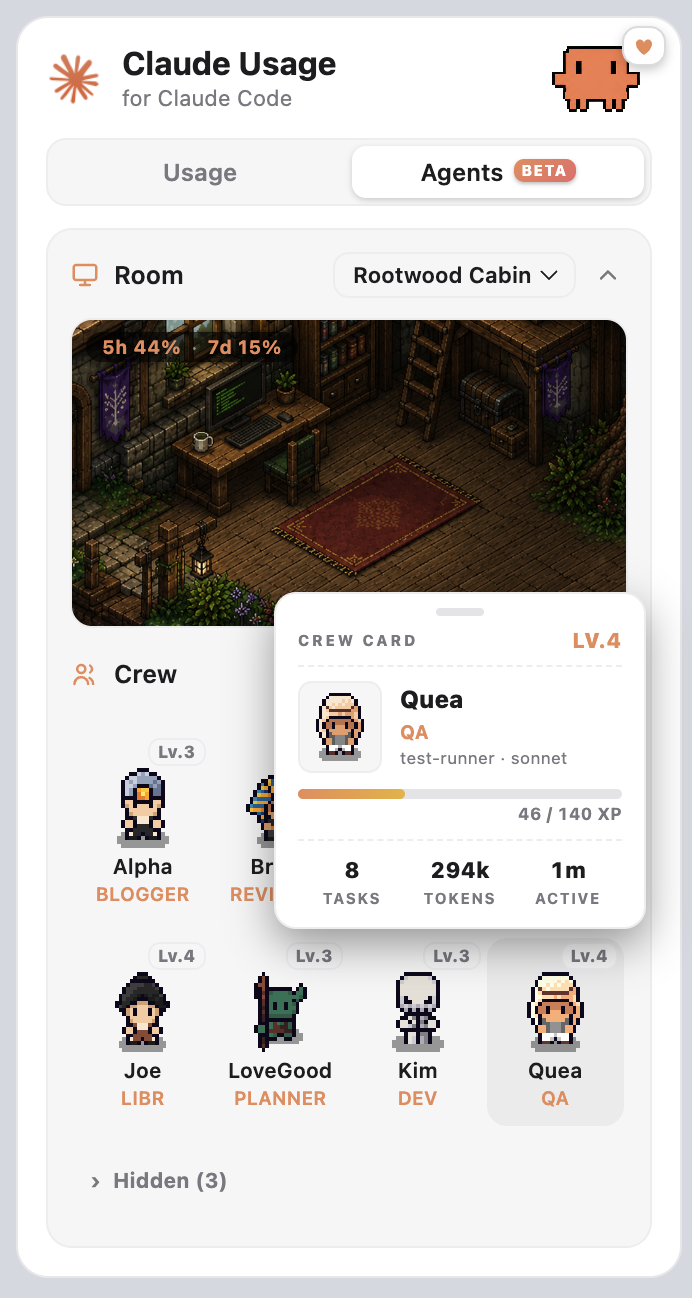Hovering a character shows a crew card with its level, XP progress, lifetime tasks, tokens and active time