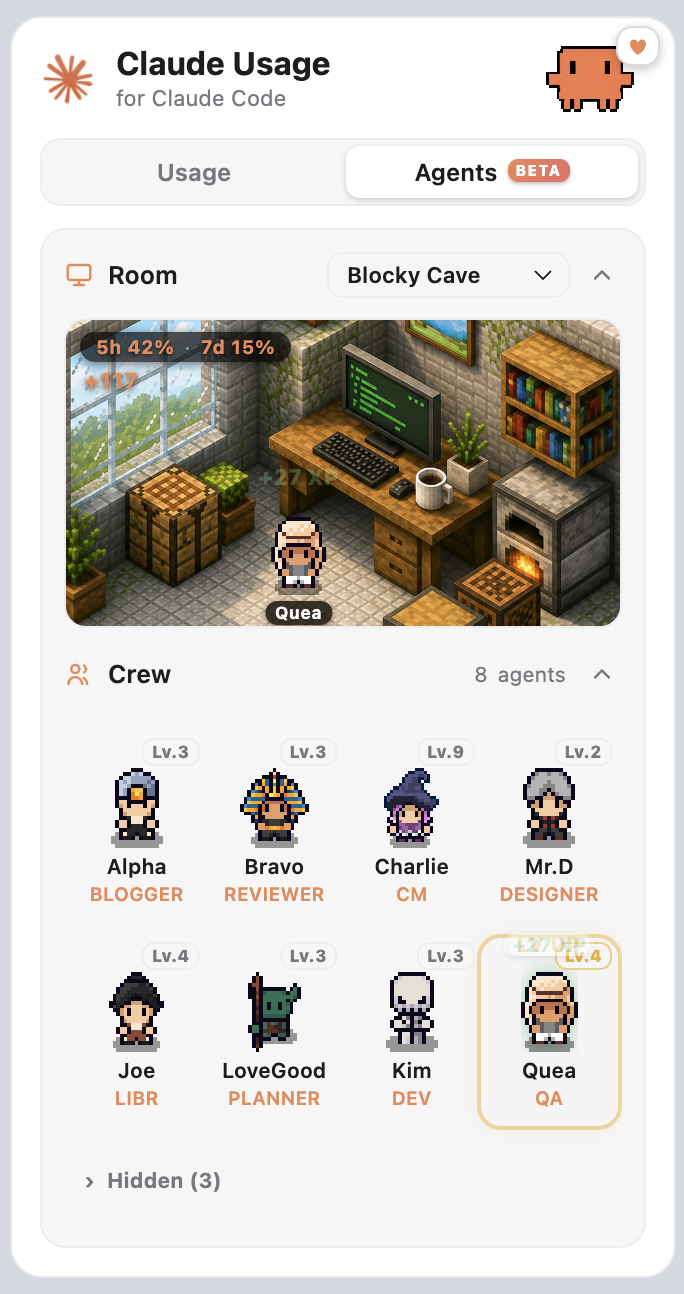 Agents tab: a subagent working at the desk in an isometric room, with the Crew roster of pixel characters below