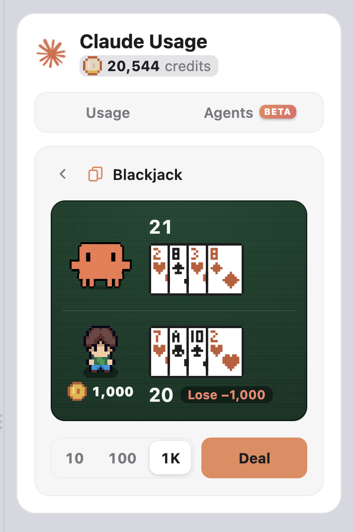 The credits balance under the panel title, and the blackjack table below it: a crab dealer, a pixel player, cards on dark green felt and the stake buttons