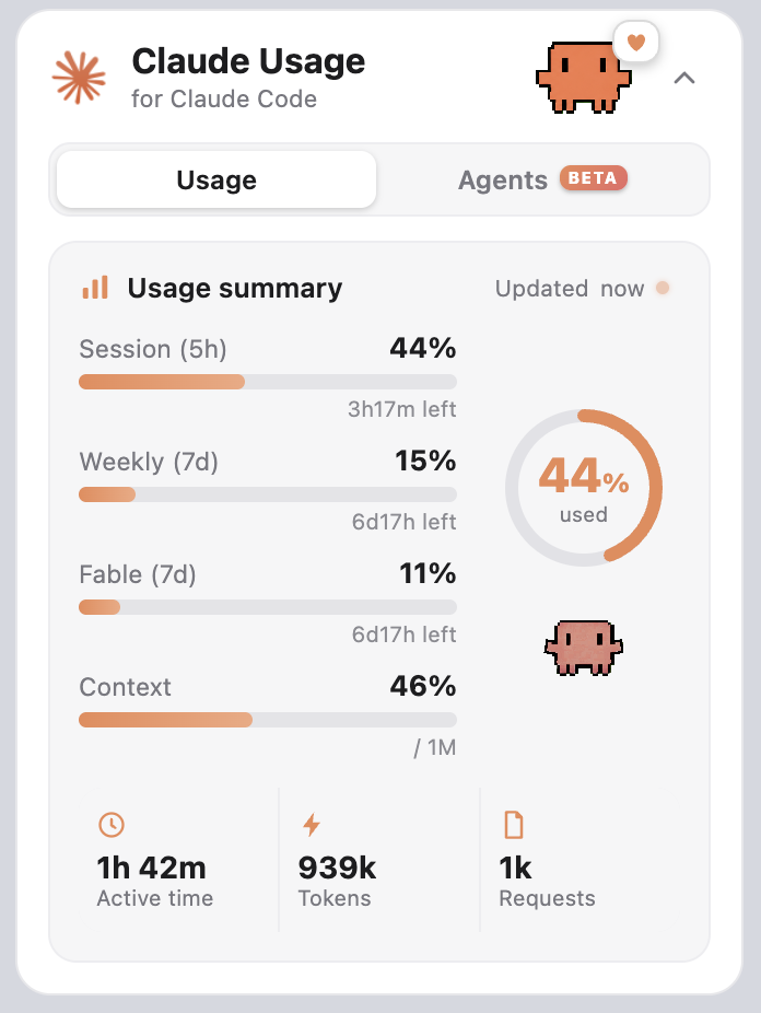 Usage panel with session, weekly, Fable and context meters, a usage ring, the crab mascot and today's stat tiles