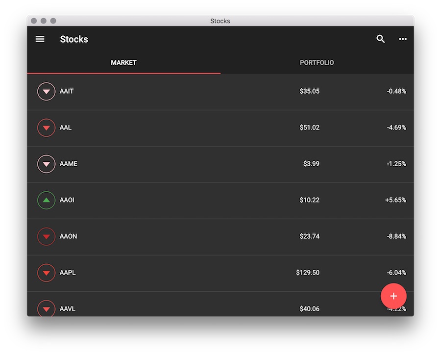 Screenshot of the Stocks demo app on macOS