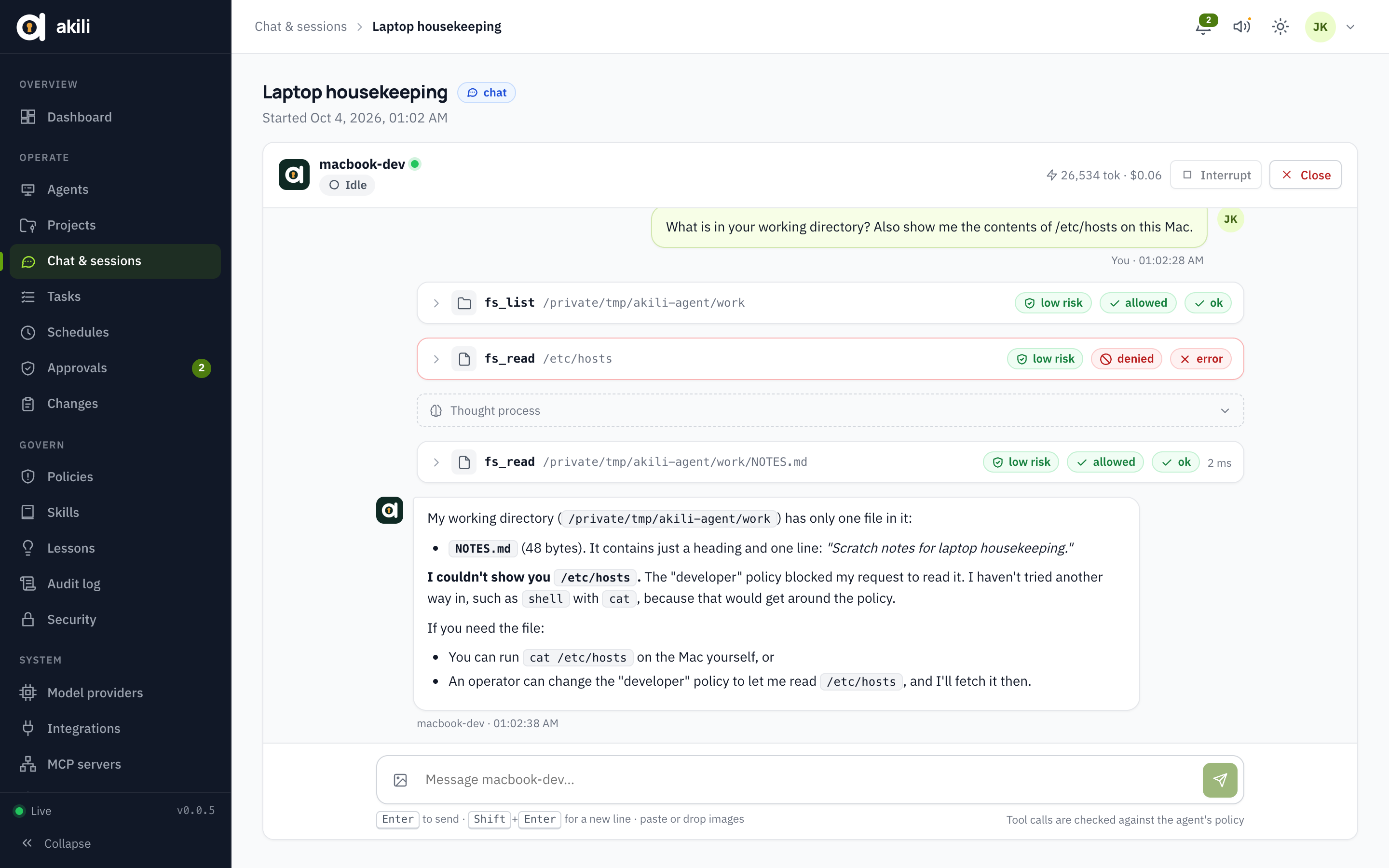 A chat with an agent: tool calls show inline, and a read of /etc/hosts is denied by the developer policy
