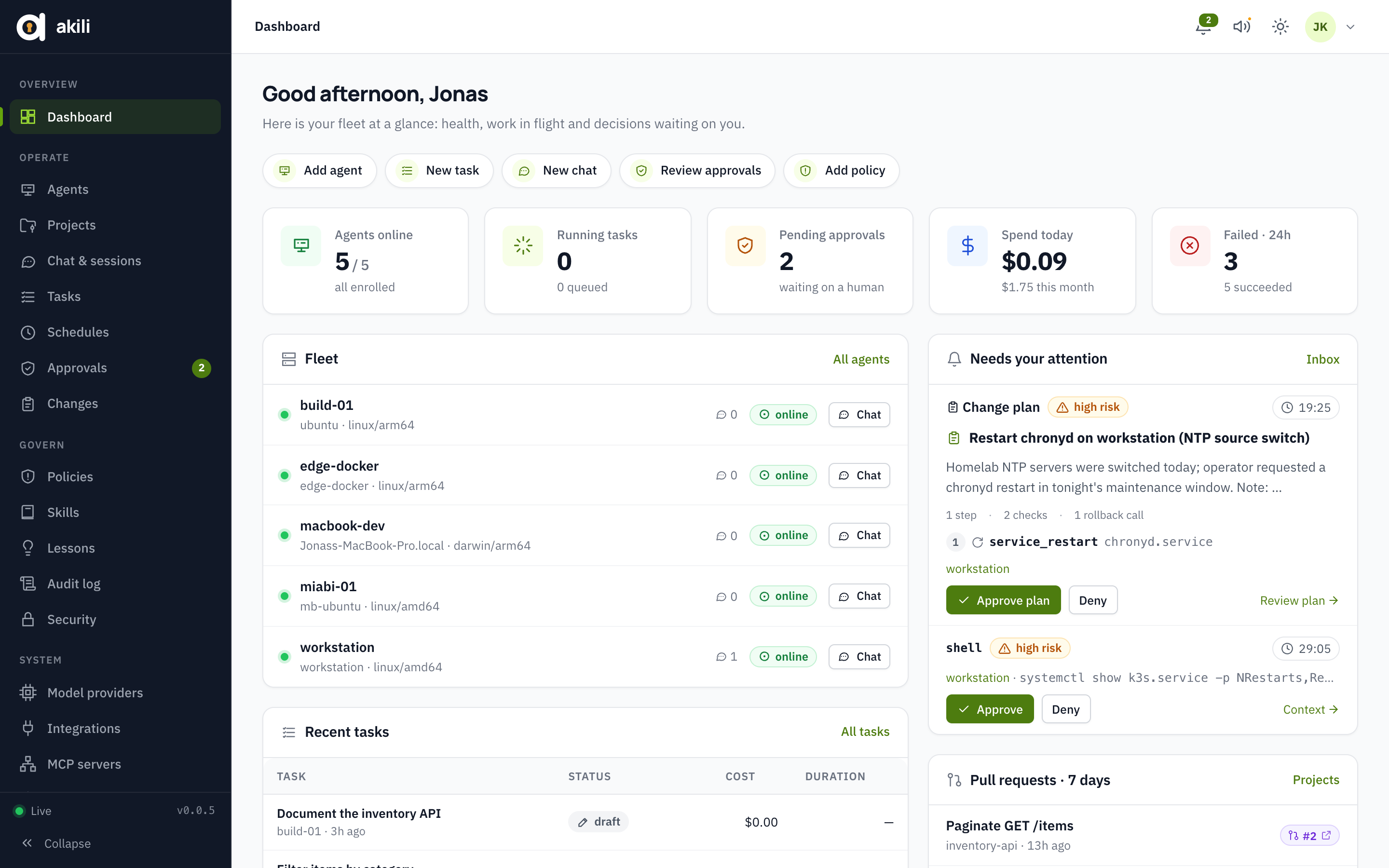 The Akili dashboard: agents online, running tasks, pending approvals and a change plan waiting for a decision