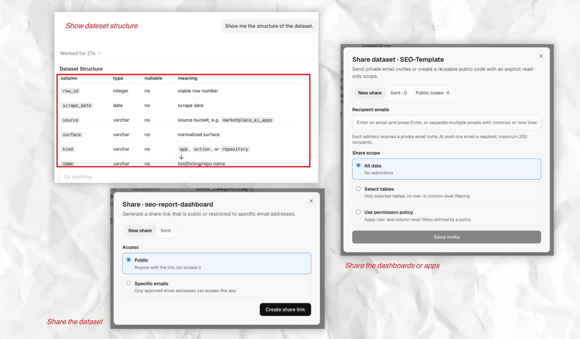 View the data structure and share datasets, dashboards, or apps