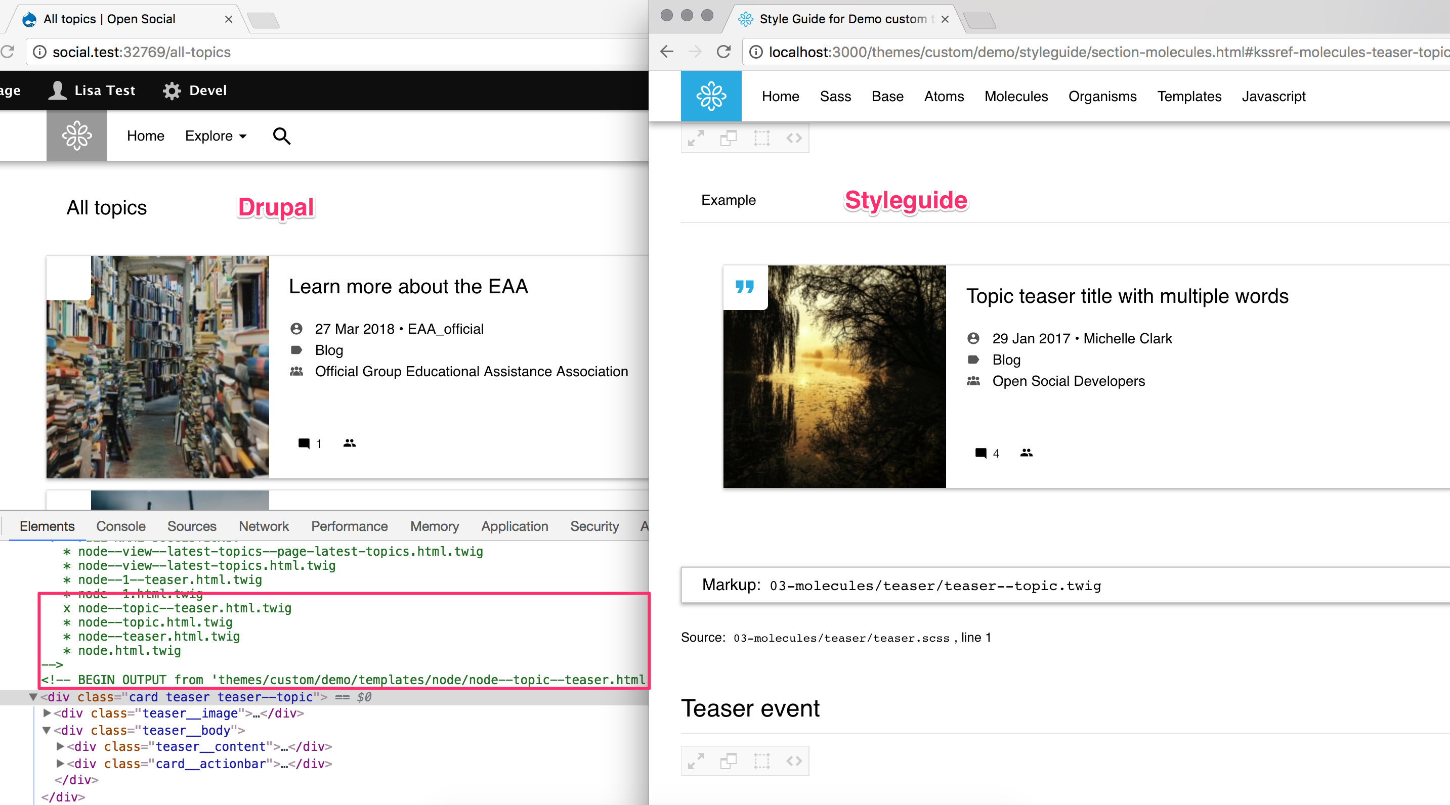 Screenshot of teasers in Drupal and in styleguide