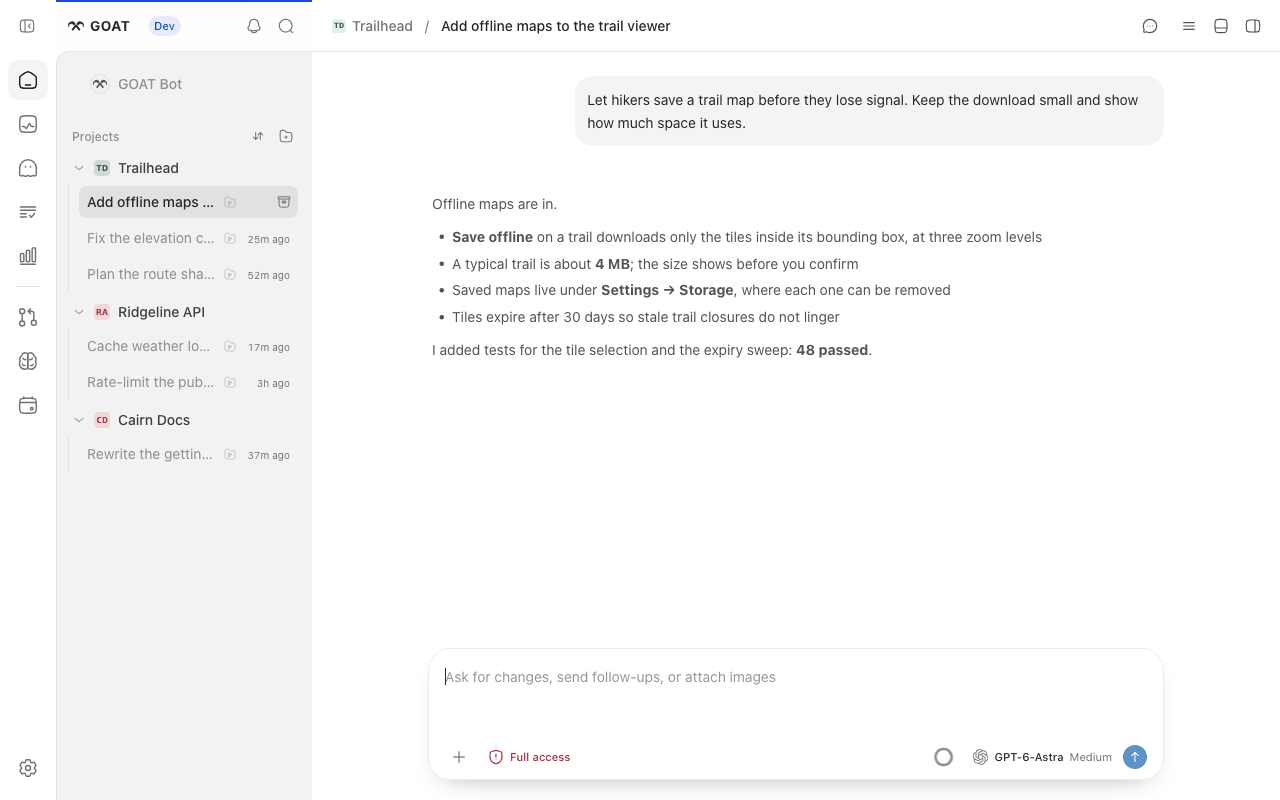 GOAT desktop and web app showing a synthetic Trailhead project: a sidebar of projects and threads, and a finished thread where an agent reports adding offline maps