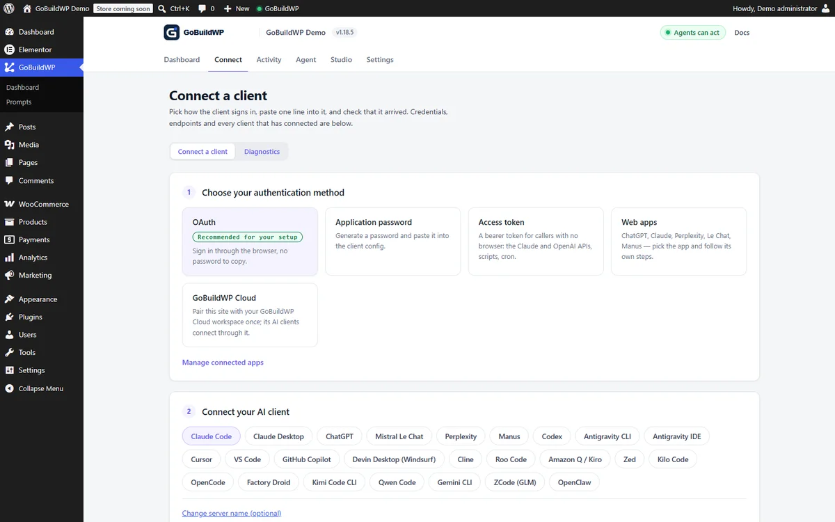 GoBuildWP Connect screen with AI client setup
