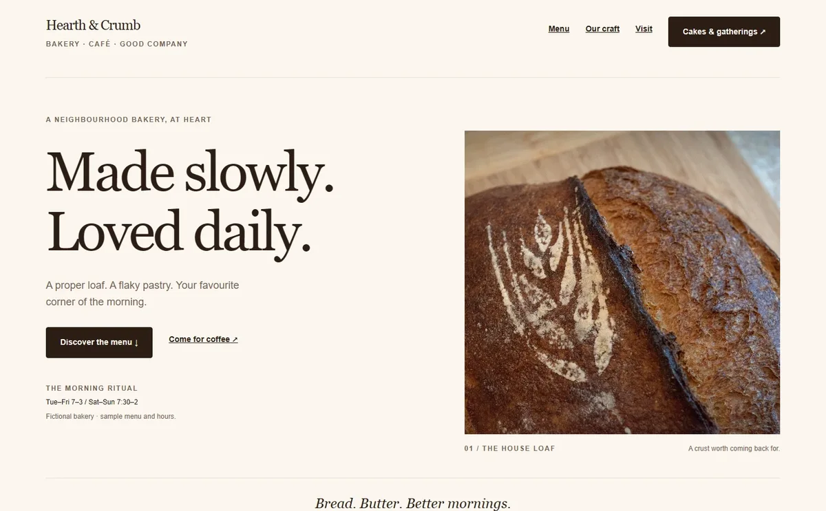 Hearth & Crumb bakery homepage built by GoBuildWP in native Elementor